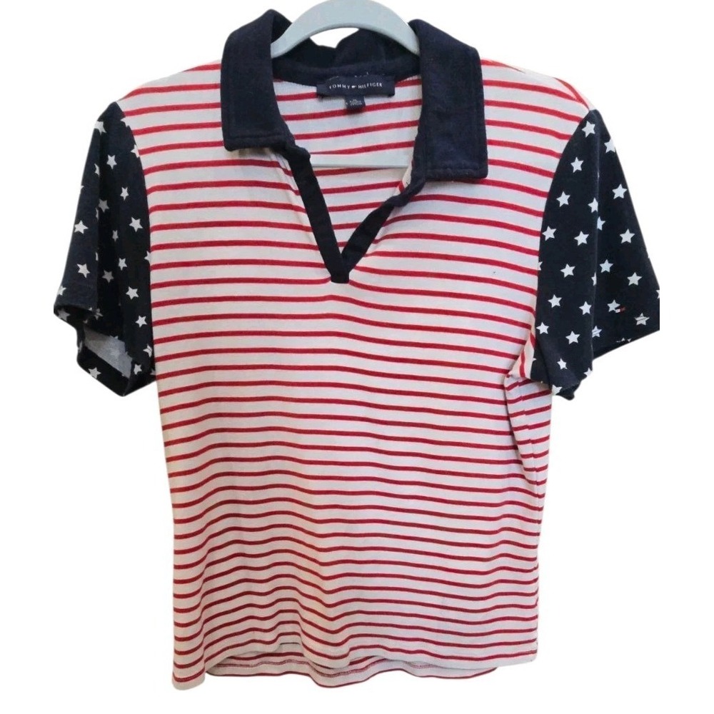 Tommy Hilfiger Stars Stripes Red White Blue Polo Shirt SZ M 4th Of July 100% CTN